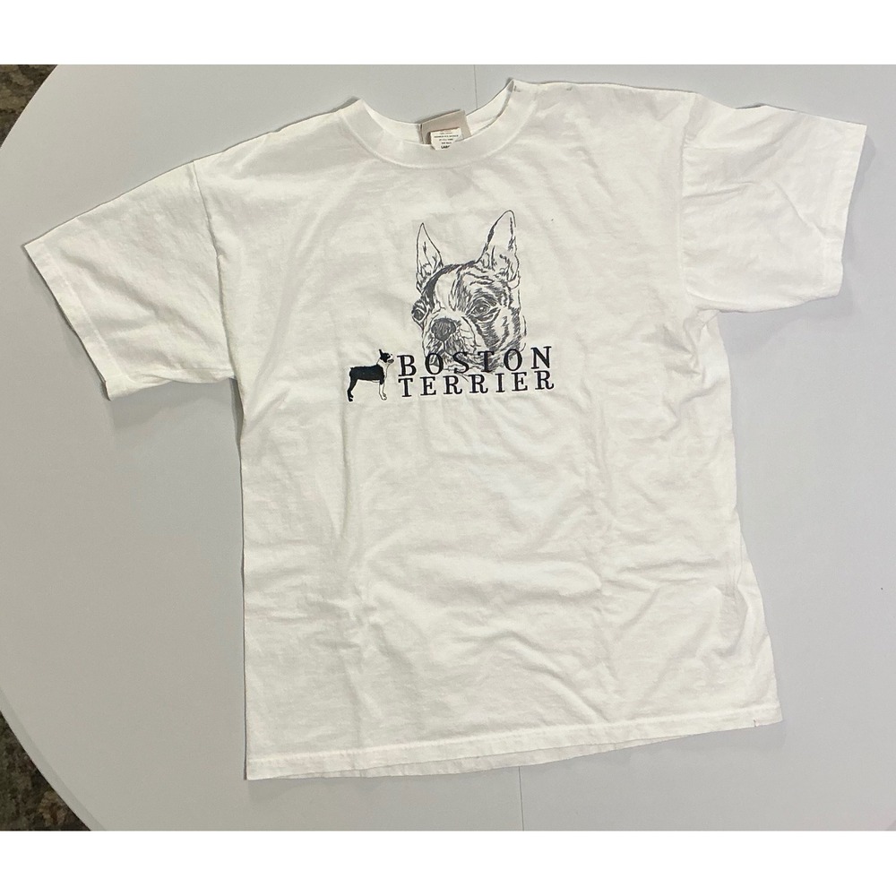 VTG Boston Terrier T-Shirt Embroided Logo White L‎ Dog Lover 90s Y2K  Casual